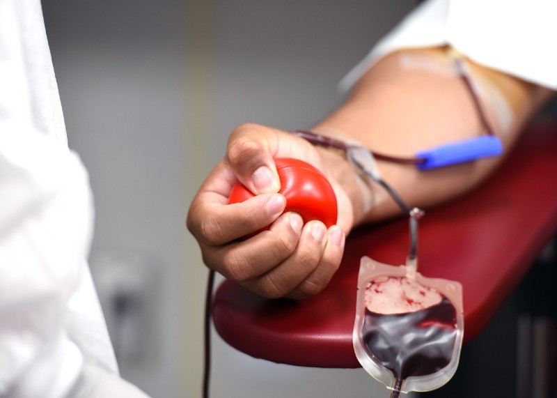 Foto de doação de sangue. Um braço apoiado em um suporte vermelho está com tubos de acesso presos com fitas adesivas brancas, coletando sangue. Também apoiado no suporte vermelho está um saco plástico de sangue, quase cheio. Na palma da mão, que está fechada em um movimento de aperto, está uma bola vermelha.